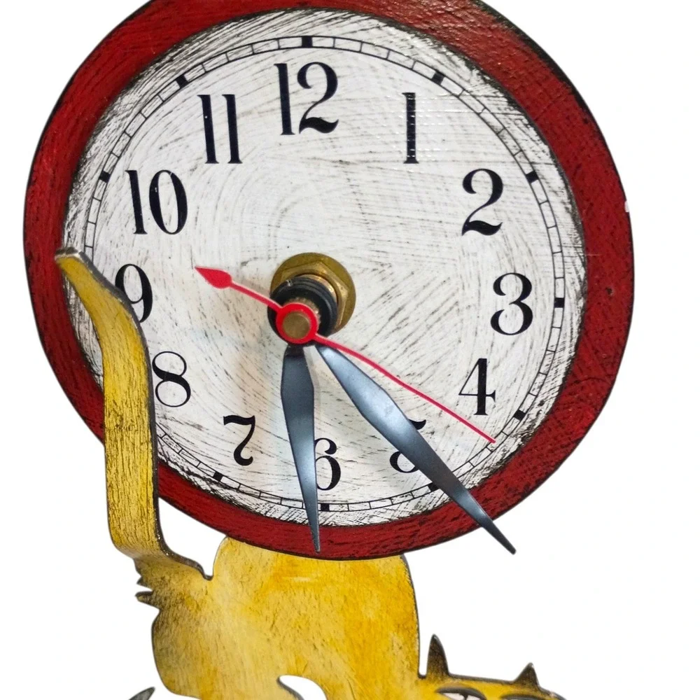 Whimsical Folk Art Wooden Shelf Clock Town Musician Bremen Donkey Dog Cat Signed